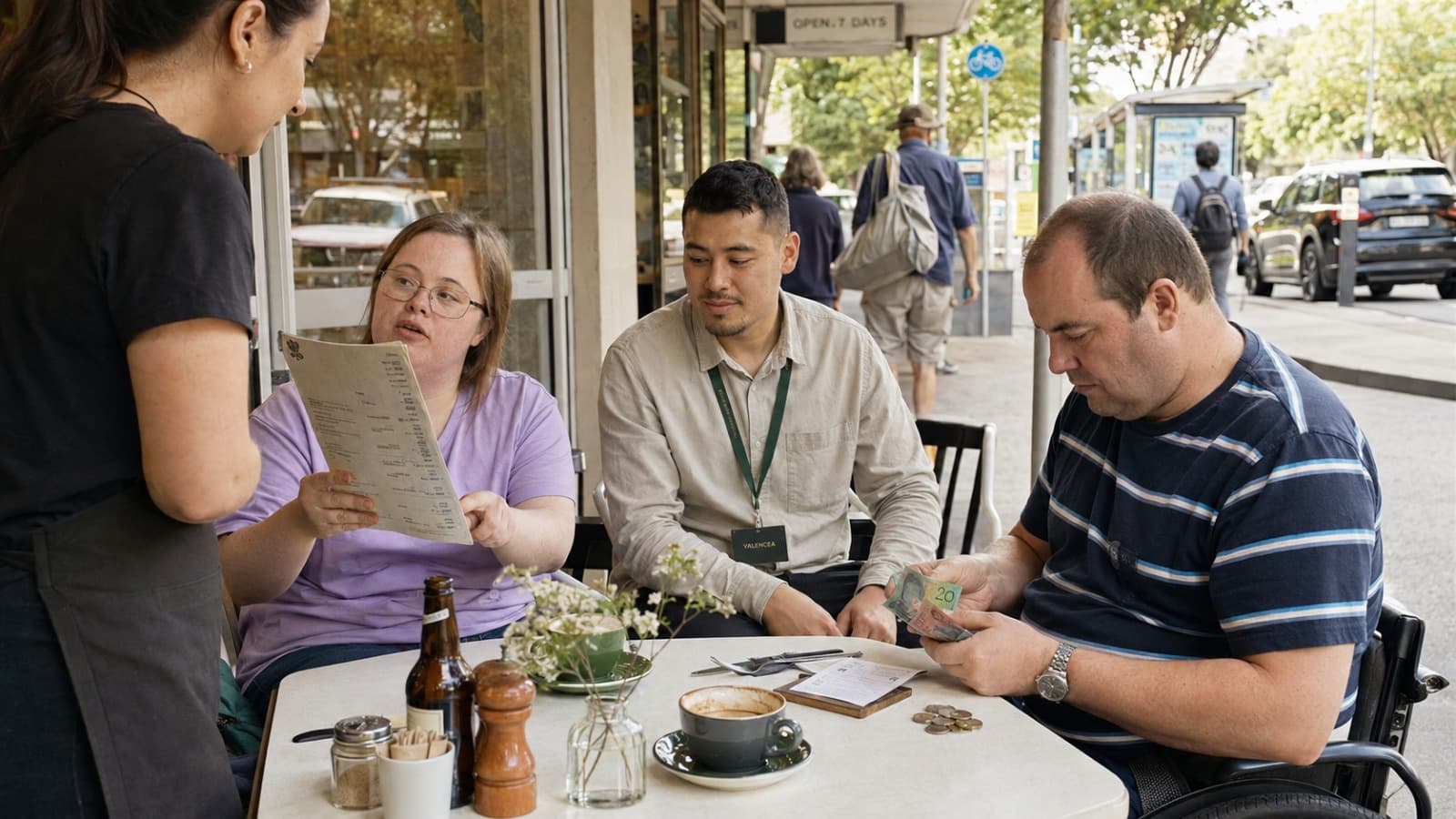 A Valencea support worker with participants ordering at an outdoor café table