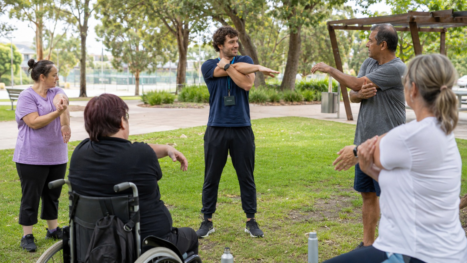 Participants and a Valencea support worker playing music together in a group session